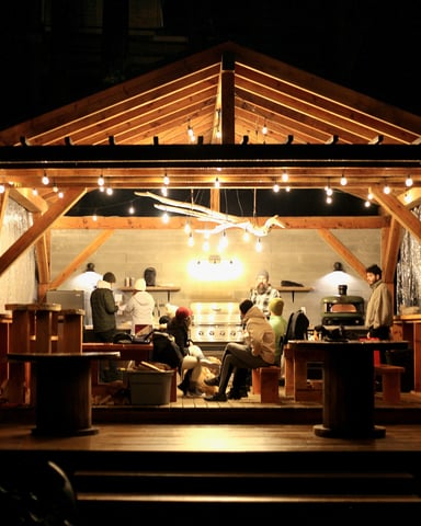 Cedar hot tub on a forest deck at night with string lights strung between the trees