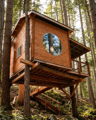 Modern cabin on stilts among tall pines with string lights on the covered deck