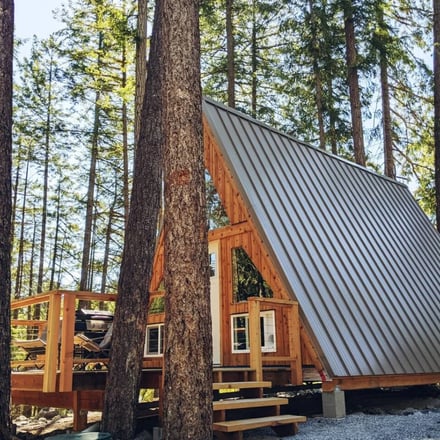 Modern A-frame cabin with wood siding and metal roof nestled among tall evergreen trees in forest setting