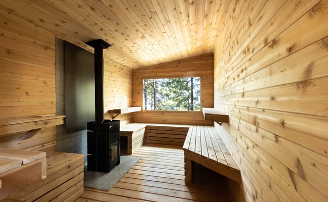 Nighttime forest deck with string lights, two yellow rubber ducks on a log, and wooden sauna interior with forest view.