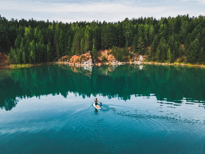 Inflatable paddleboard on a calm lake on Texada Island during a half-day rental